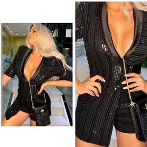 Black Elegant Deep V-Neck Sequined Romper